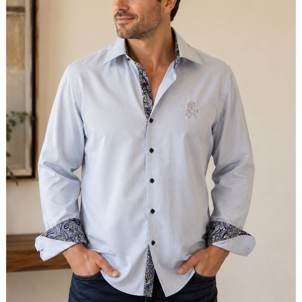 Axxess Men's Cotton Dress Shirt Light Blue Paisley Trim Embroidered Horse XL